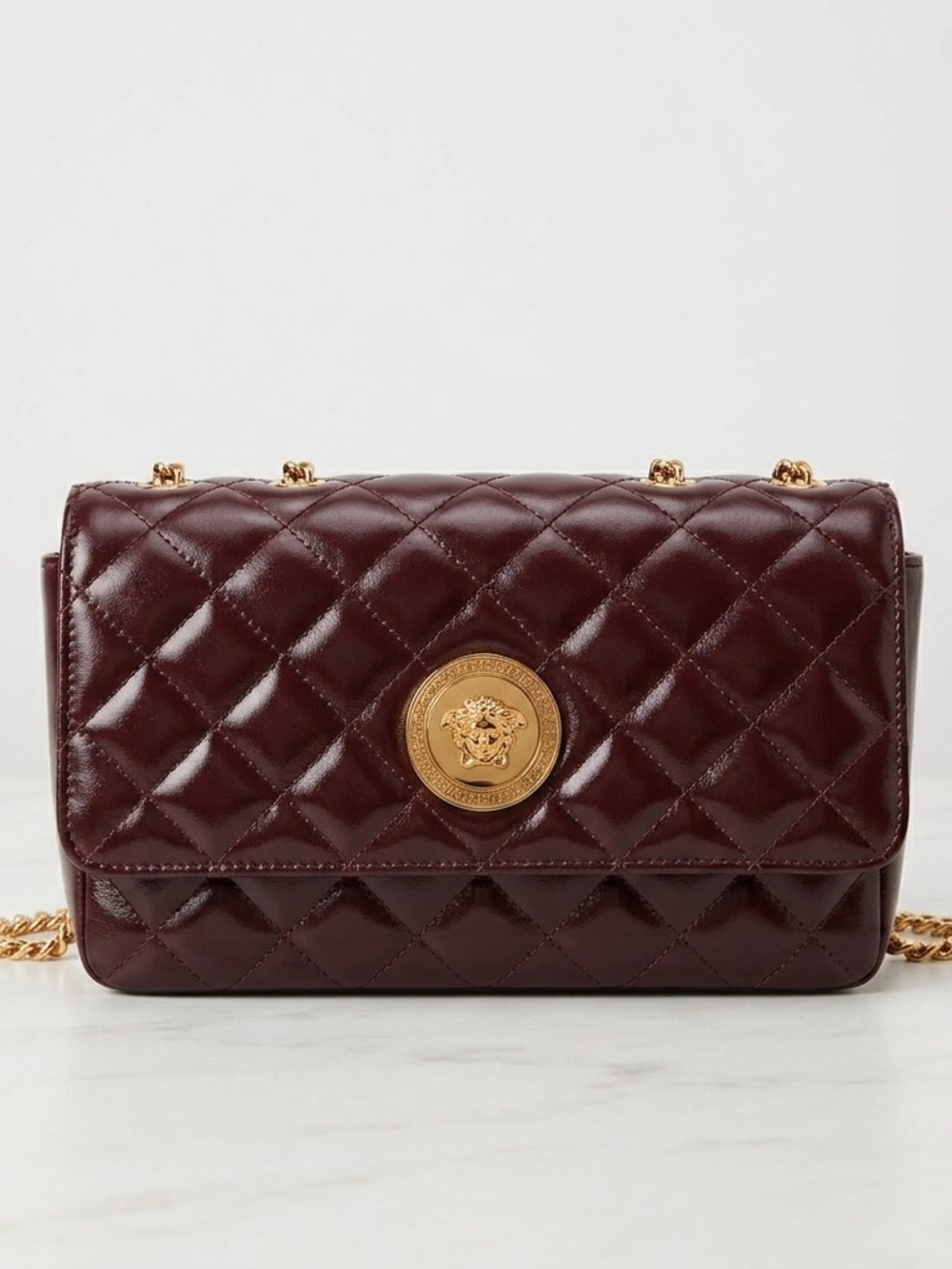 Versace Quilted Leather Medusa Shoulder Bag with Gold Chain New